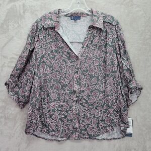 Democracy Tunic Womens Plus 1X Gray Floral Button Down Blouse Career Office Work